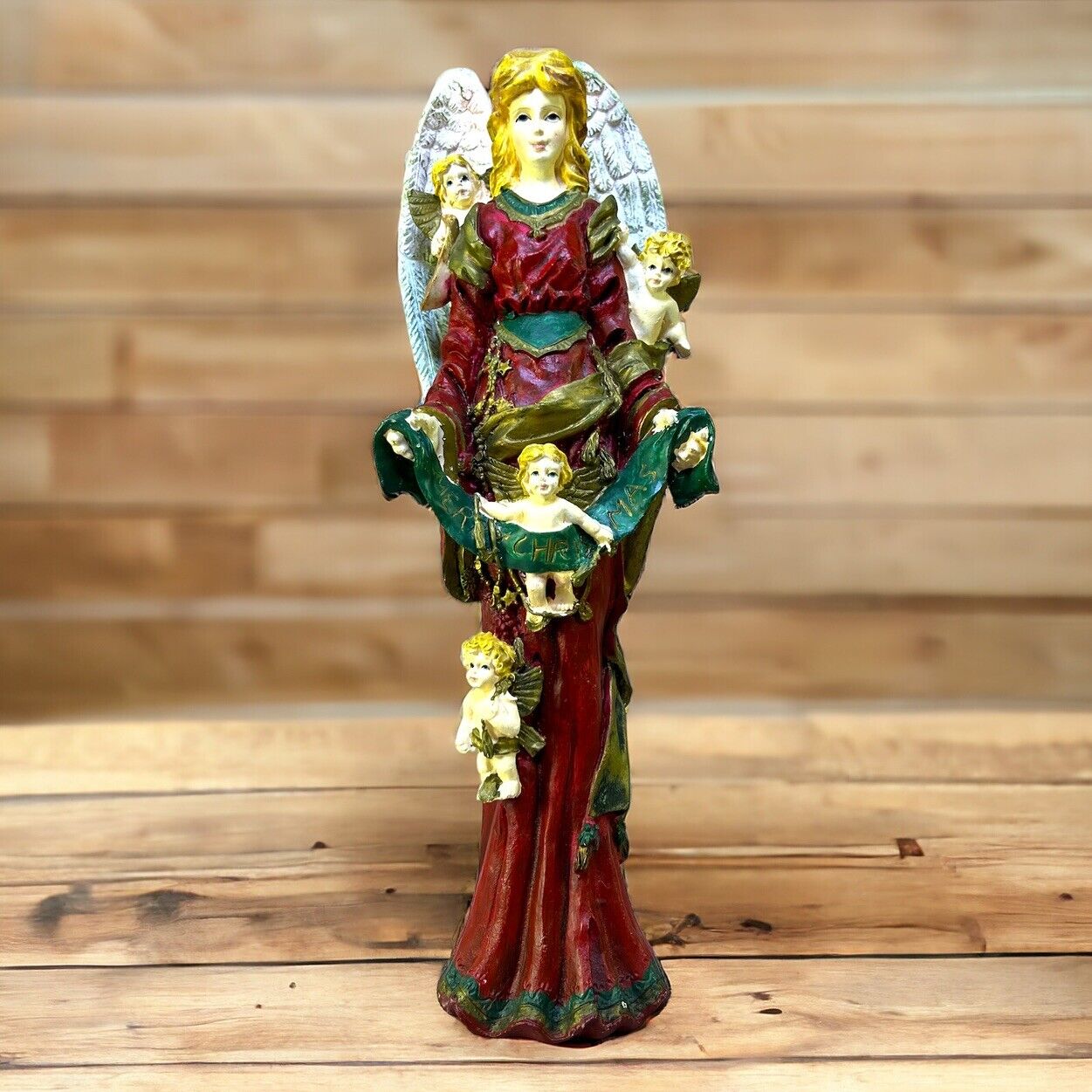 Vintage Merry Christmas Angel w/Cherubs 11” Tall Resin Nativity Figurine Painted