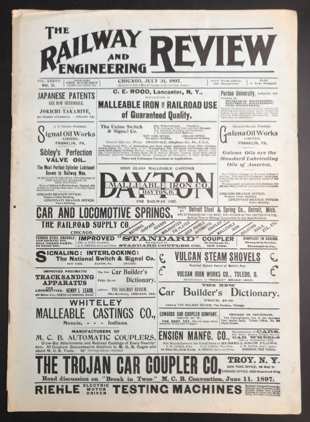 Antique July 31, 1897 Railway & Engineering Review Train Locomotive Magazine