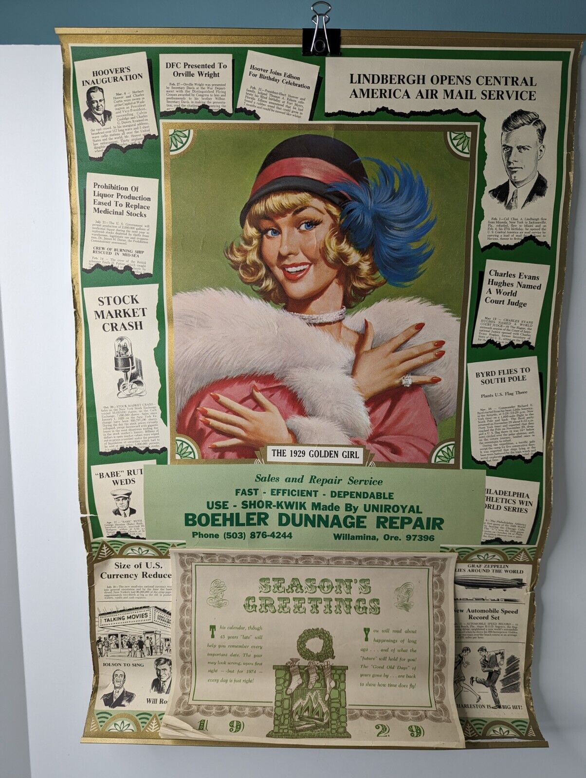 Vintage Advertising Novelty 1929 Calendar Golden Girl 1974 Season Greetings Gift