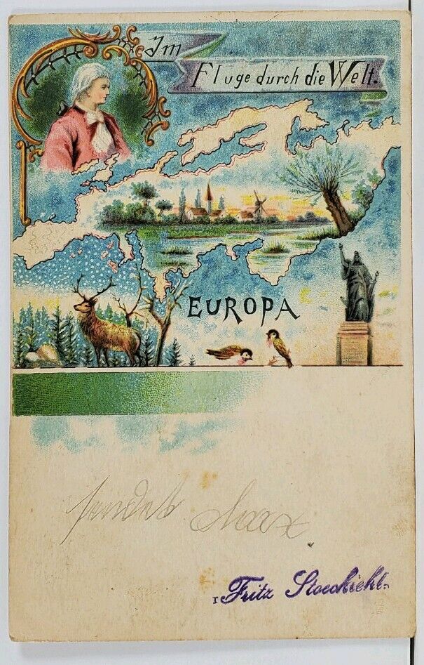 German In Flight Through the World Europa 1901 Berlin Postcard L2