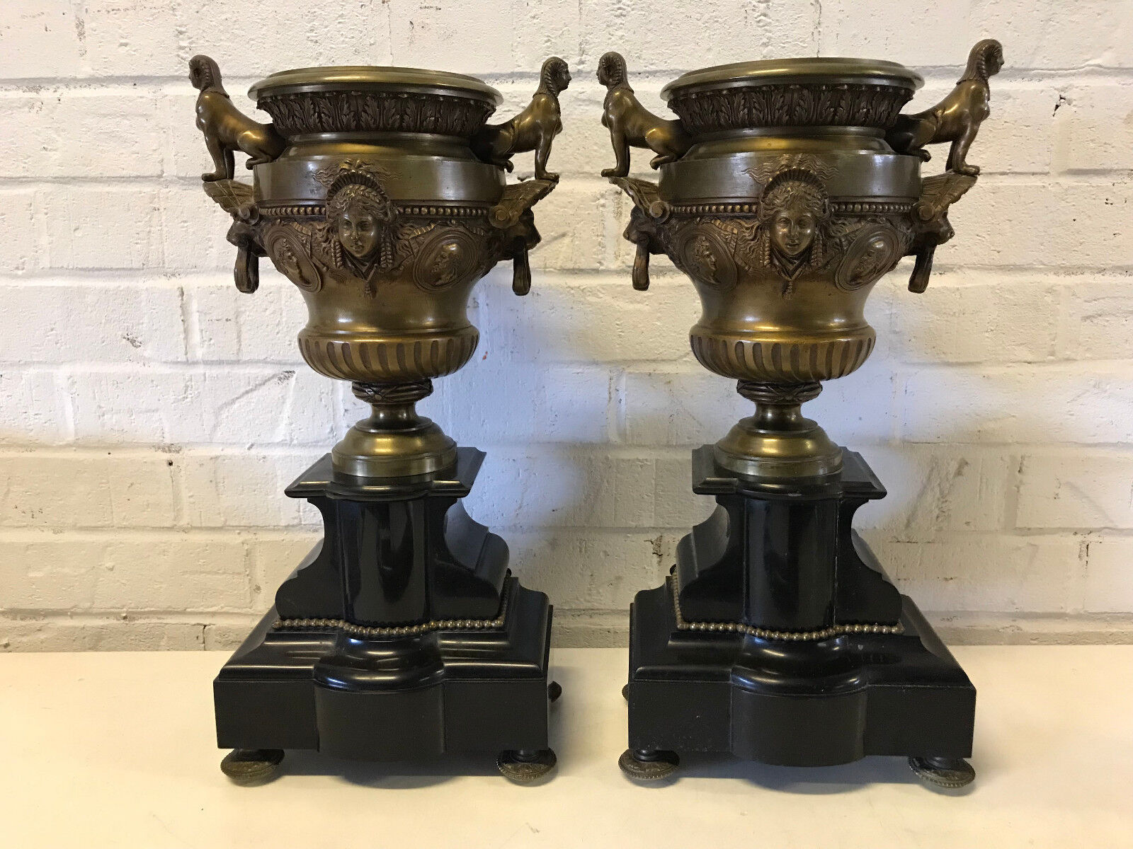 Antique 19th Cent. Egyptian Revival Pair of Bronze Slate / Marble Garniture Urns