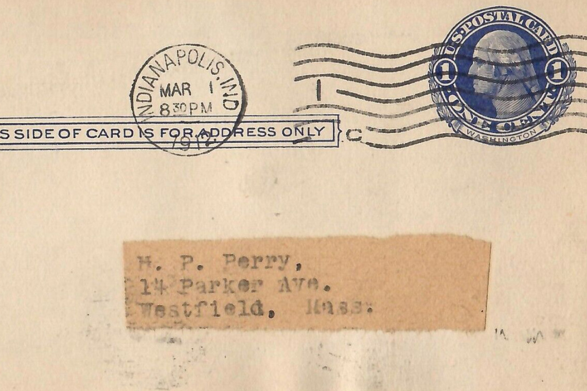 Vintage 1912 Postal Card Postcard Message Indianapolis Westfield Massachusetts