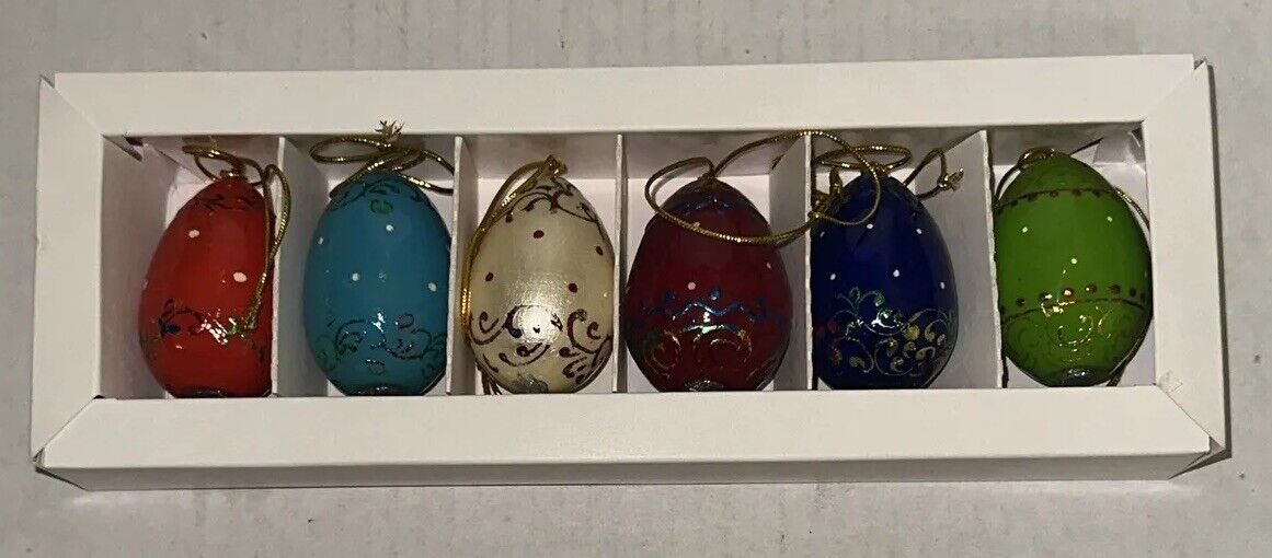 Russian Lavrovo Hanging Ornament Painted Set x 6 Wooden Eggs Folk Art Design NOS