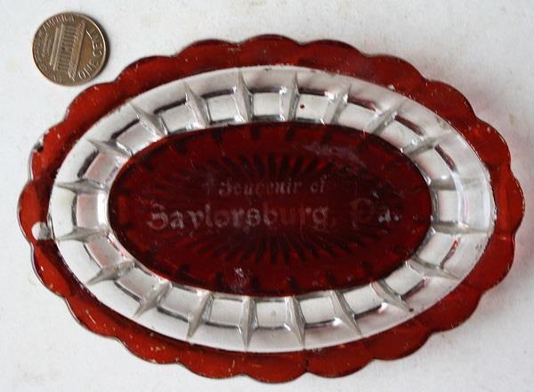1910s Era Saylorsburg Pennsylvania Oval Ruby glass souvenir ashtray Route 33 ---