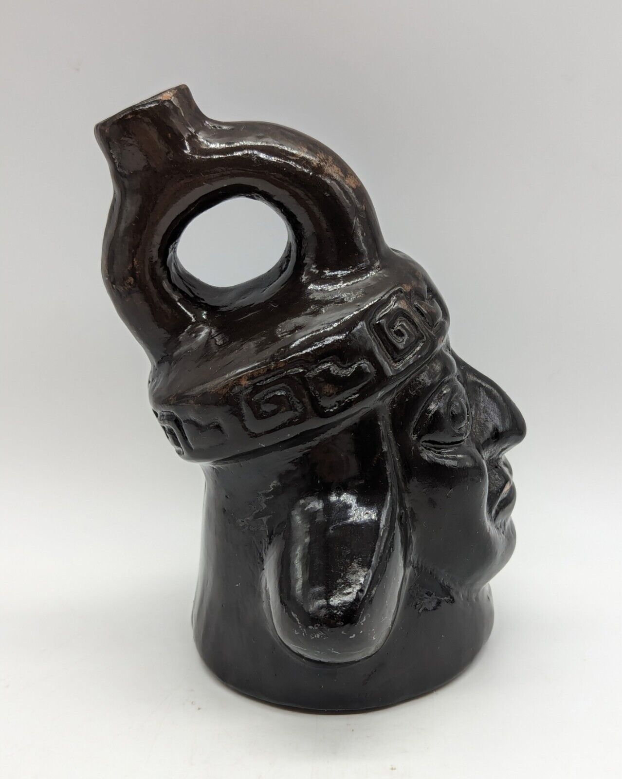 Vintage Peruvian Moche Head Black Portrait Bottle Miniature Pre Columbian Style