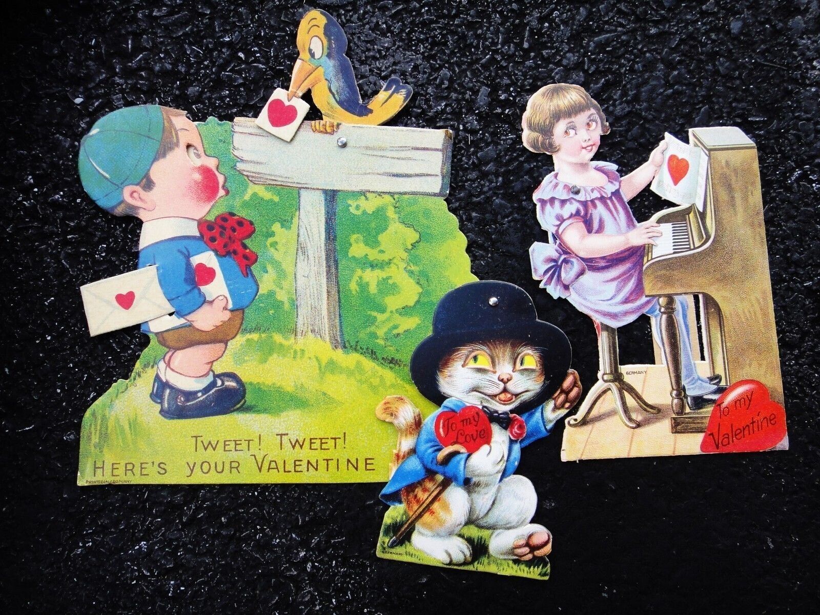 LOT antique 3 VALENTINE CARDS w MOVING EYES germany KATHERYN EBERLY cat piano bi