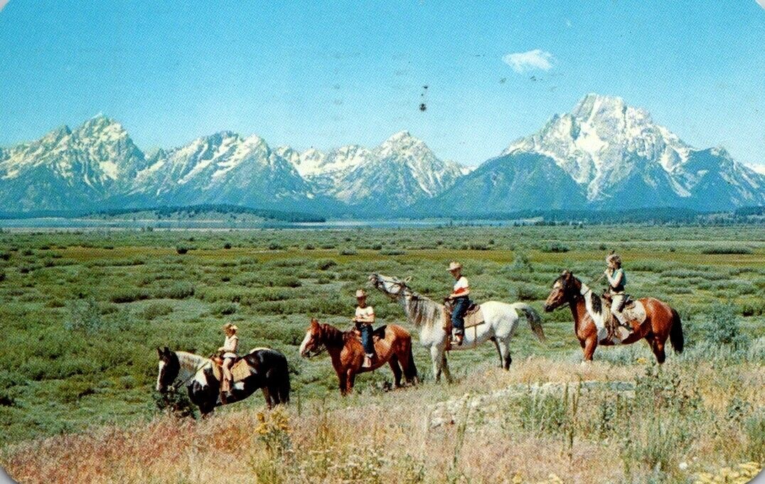 Jackson Hole WY-Wyoming Horseback Riders Teton Range c1963 Vintage Postcard