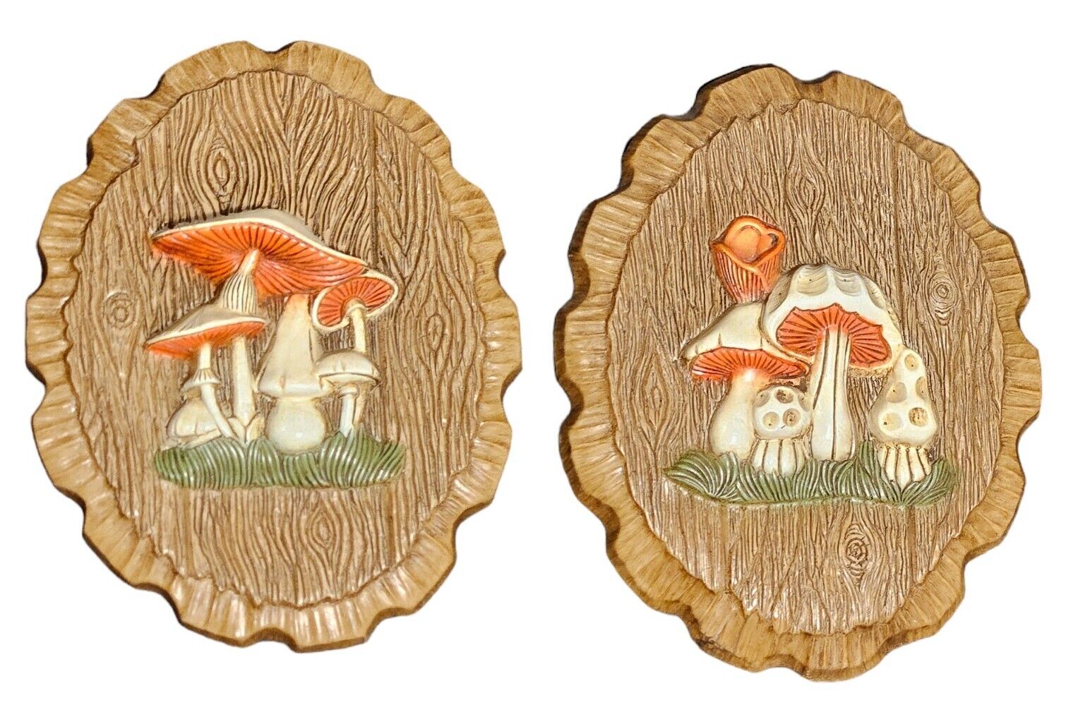 Vintage Mushroom Wall Decor Plaque Pair 70s Faux Wood 3D 9\