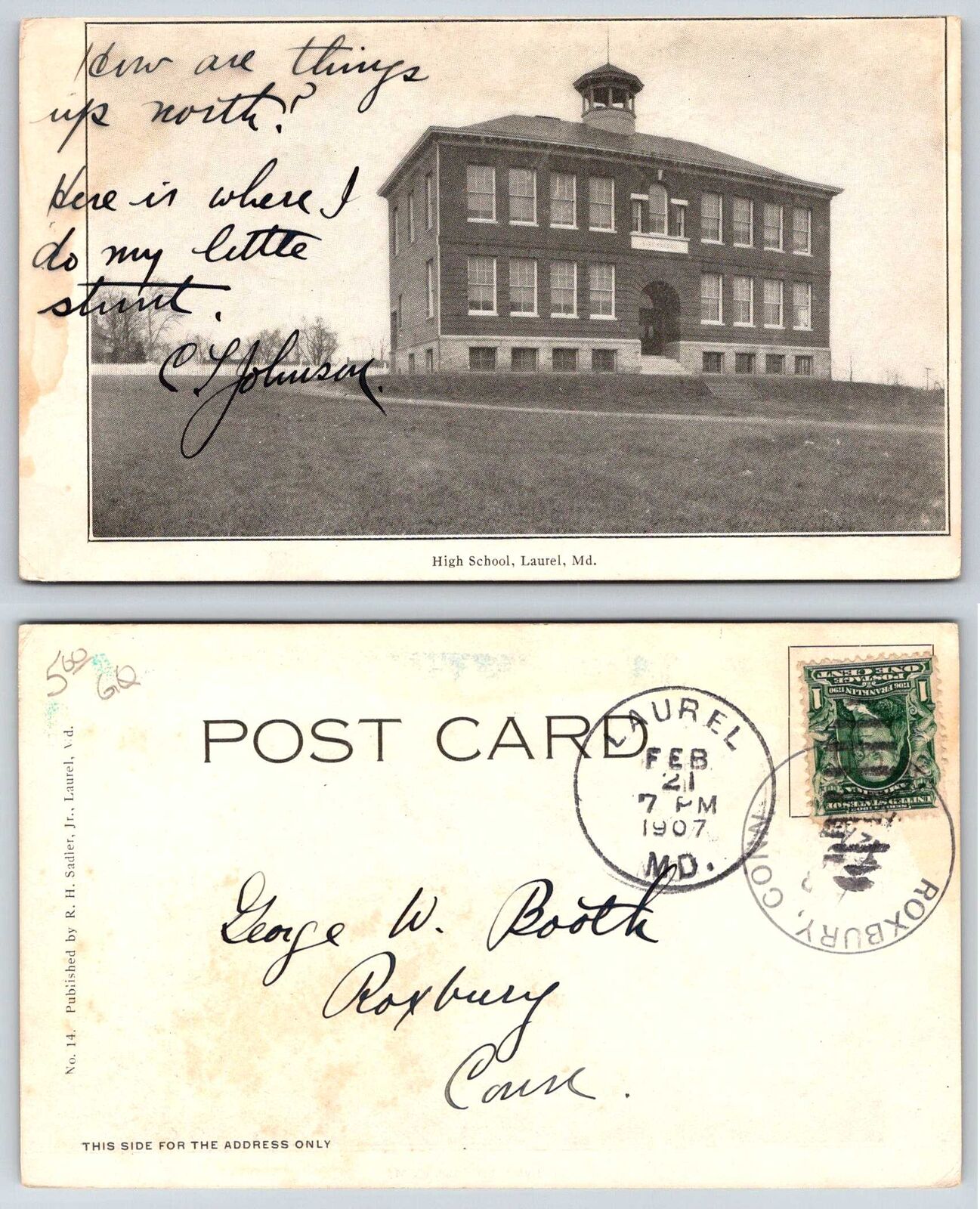 Laurel Maryland HIGH SCHOOL 1907 Postcard L206