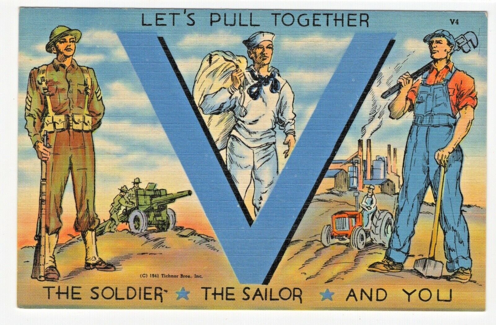 WWII Military Patriotic Postcard Victory Soldier Sailor & You Tichnor V4 1941