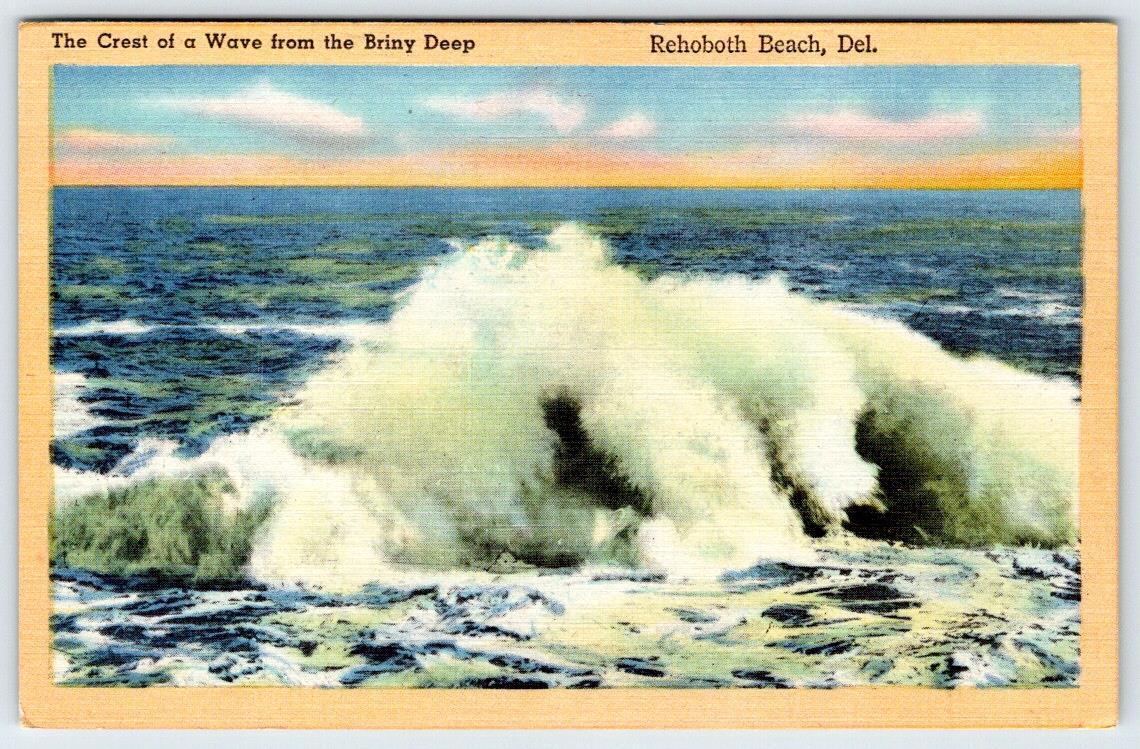 REHOBOTH BEACH DELAWARE CREST OF A WAVE FROM BRINY DEEP VINTAGE LINEN POSTCARD