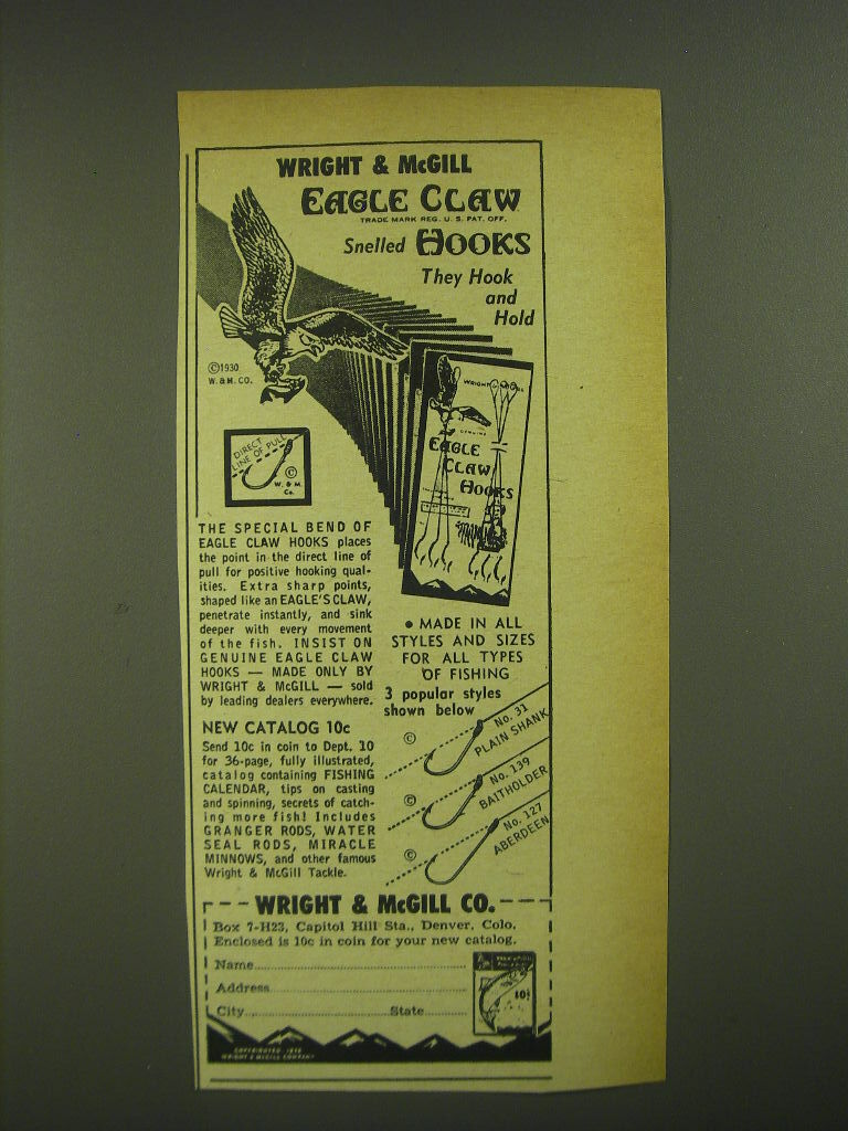 1952 Wright & McGill Eagle Claw hooks Advertisement - They Hook and Hold