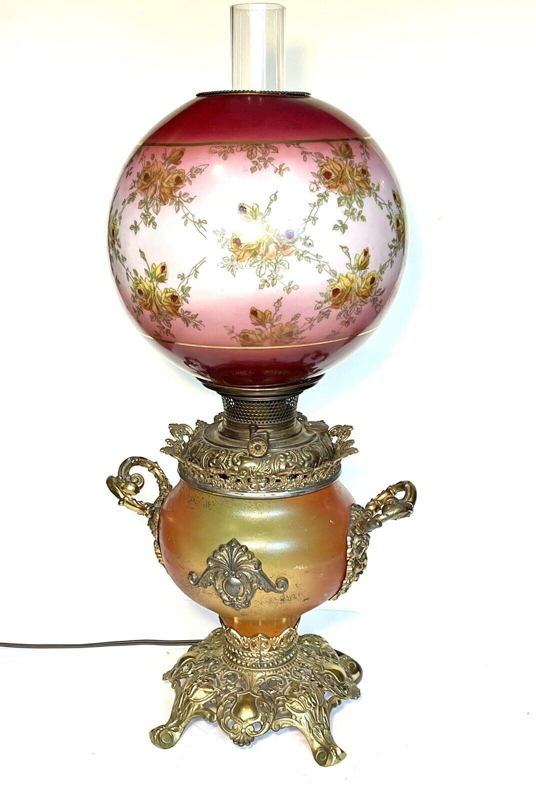 Antique BRADLEY & HUBBARD 1890’s Victorian Hand Painted Kerosene Oil Lamp GWTW