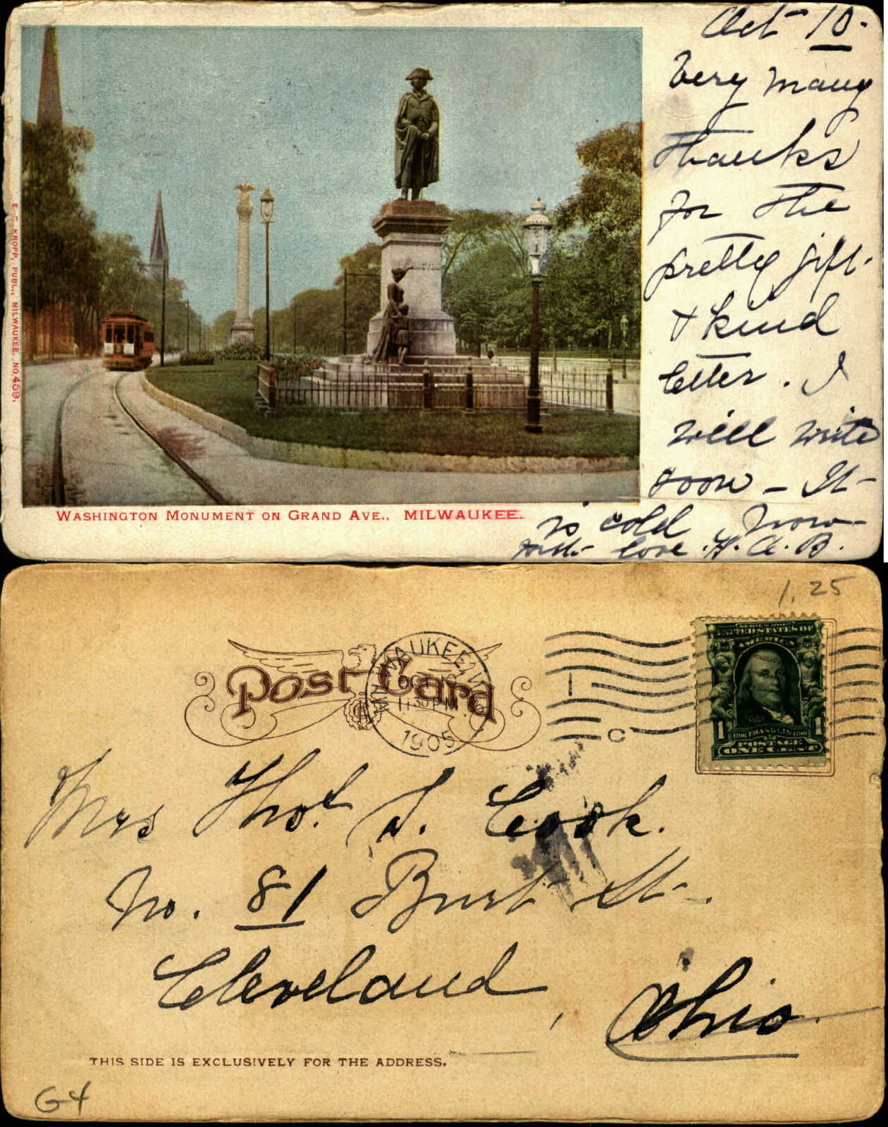 Washington Monument on Grand Avenue Milwaukee Wisconsin trolley UDB mailed 1905