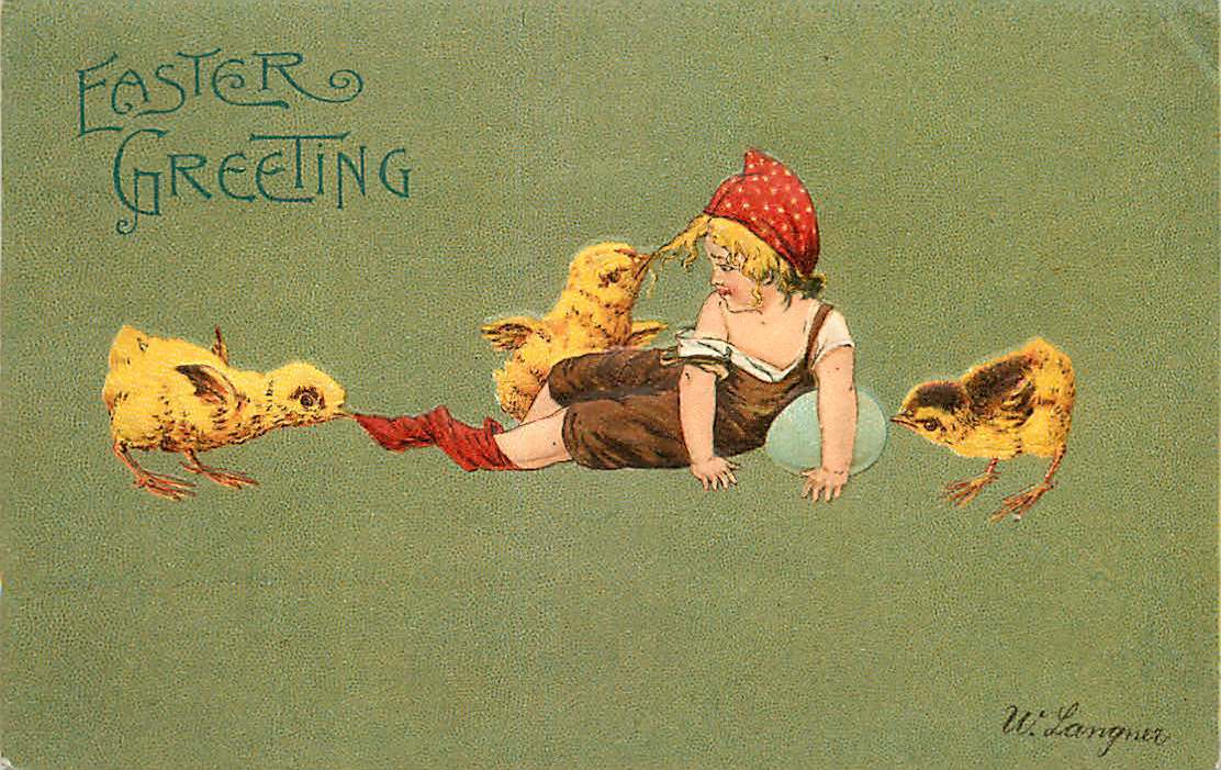 Artist Signed Easter Postcard Child & Chicks - signed Wiktor Langner used 1908