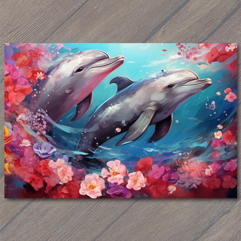 POSTCARD Love Dolphins Celebrating Valentine’s Day Beautiful Flowers 🐬💕🌸