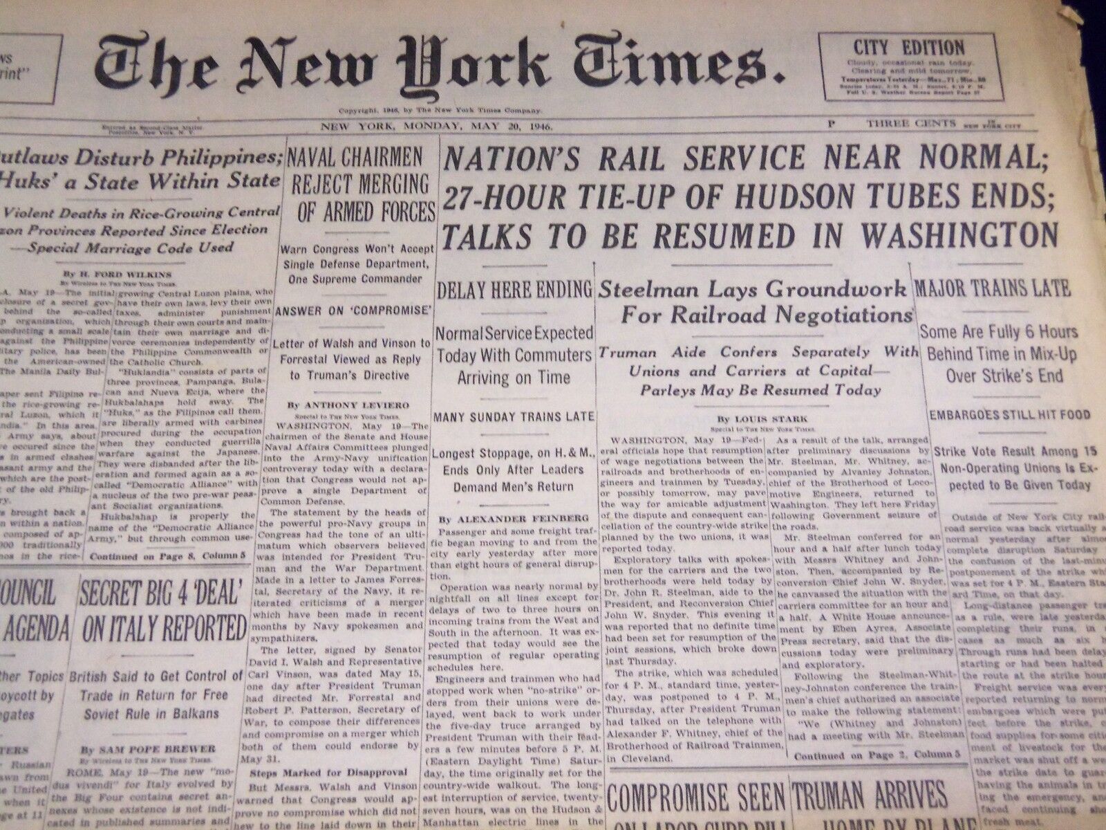 1946 MAY 20 NEW YORK TIMES - RAIL SERVICE NEAR NORMAL - NT 2970