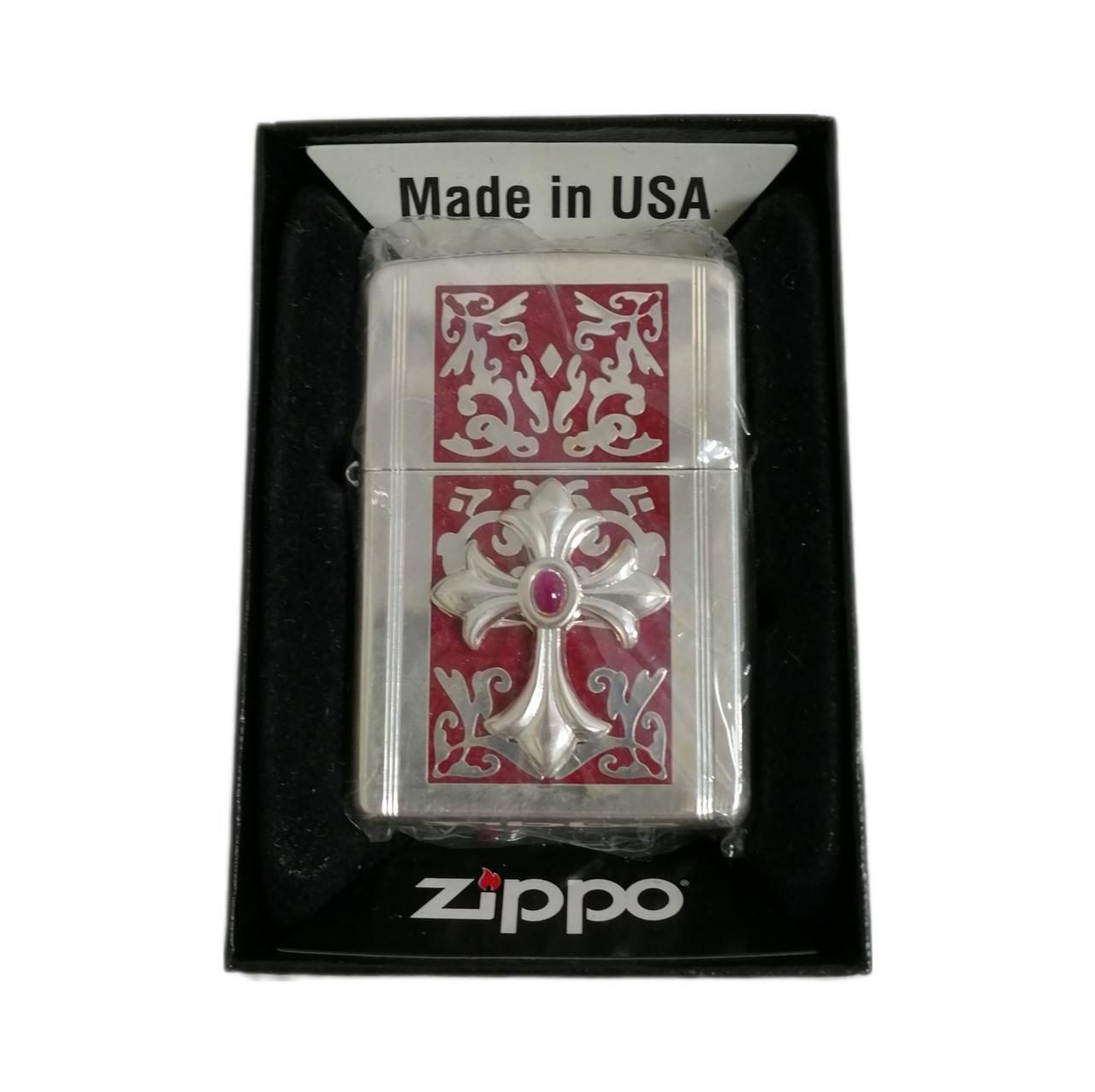 Zippo Sil Red Cross Motif With Stone