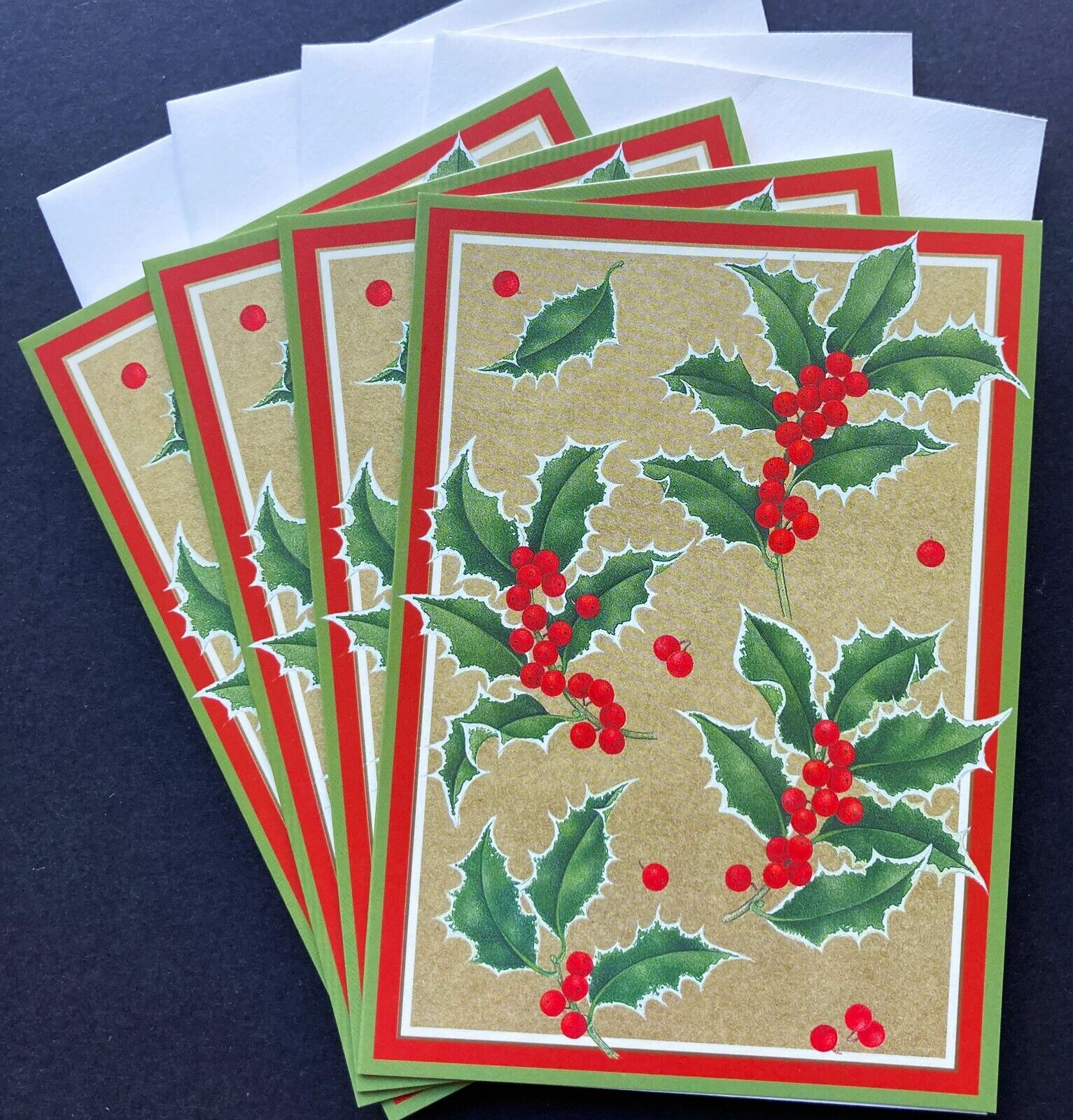 4 NEW Caspari Holly Berries Christmas Cards New Year Happy Holidays Set Lot