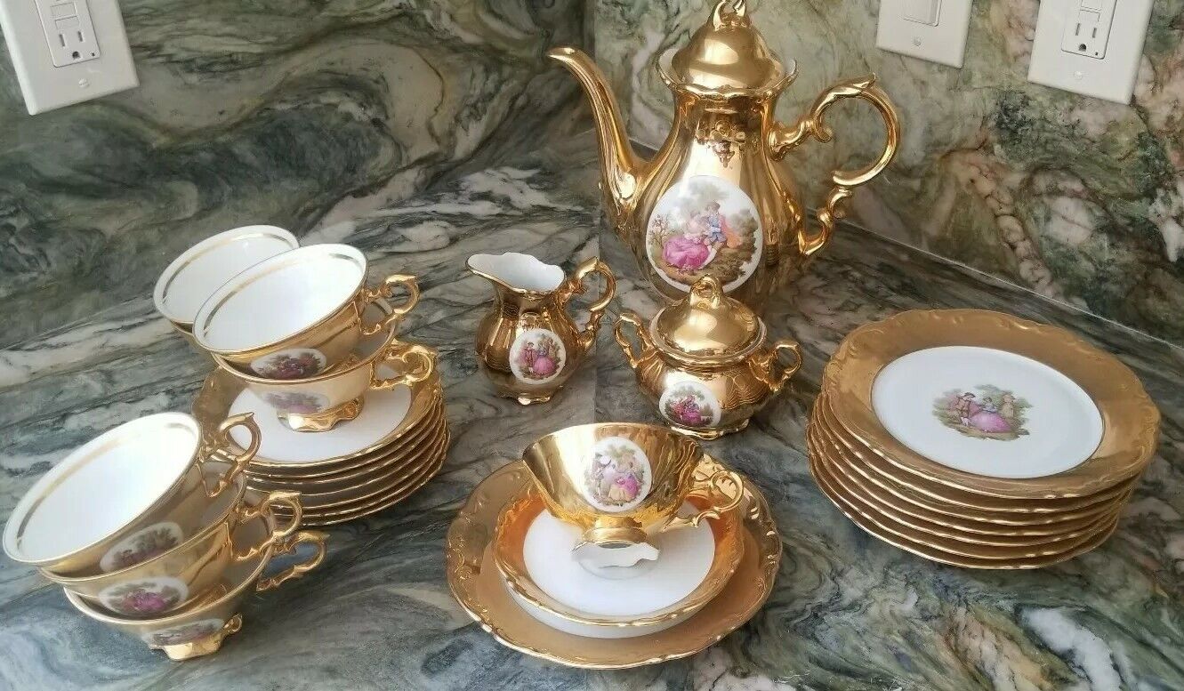 Antique JKW Karlsbad Germany Porcelain Gilt Gold Tea Coffee Set (29 Piece)