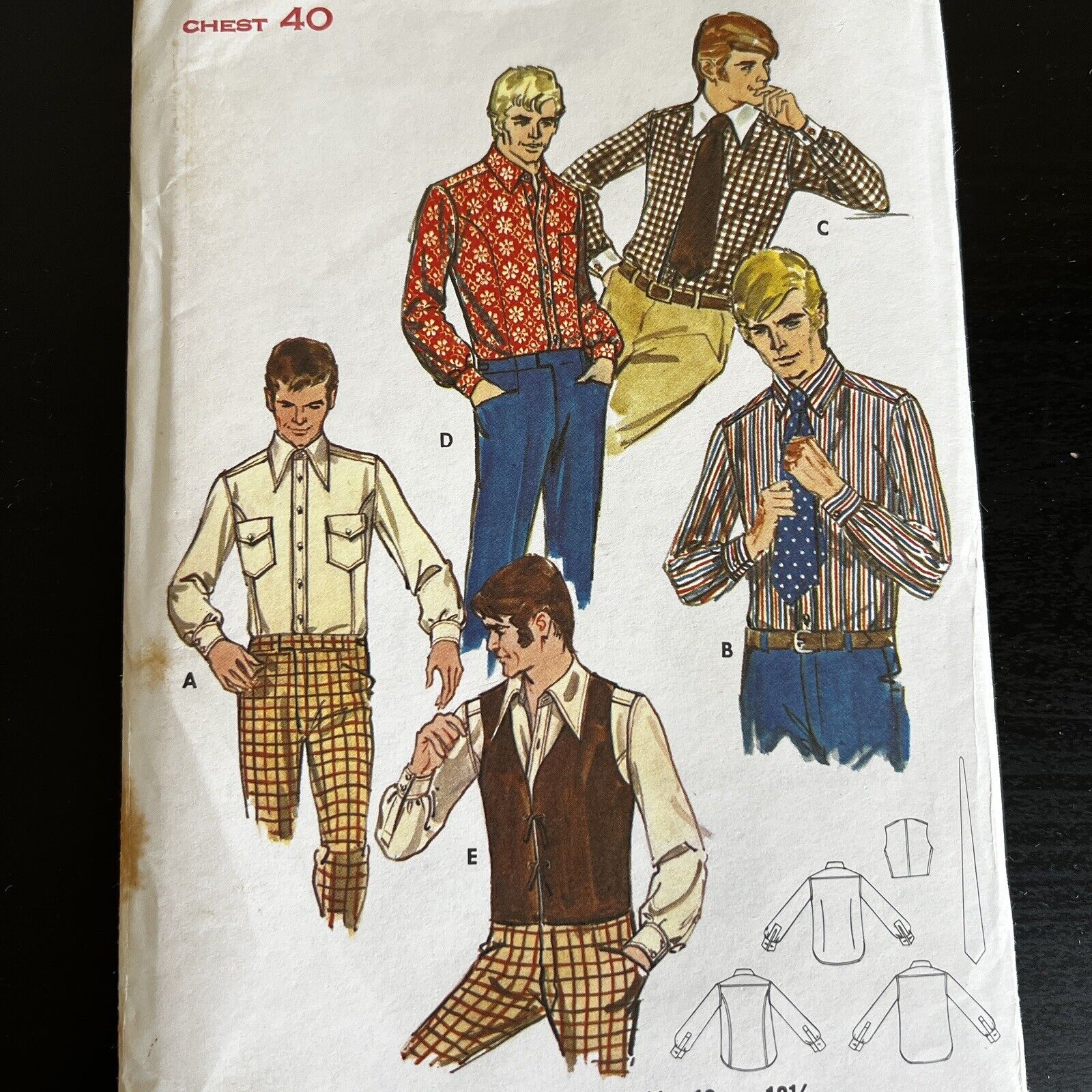 Vintage 1970s Butterick 5897 Men’s Shirt Vest + Tie Sewing Pattern 40 15.5 UNCUT