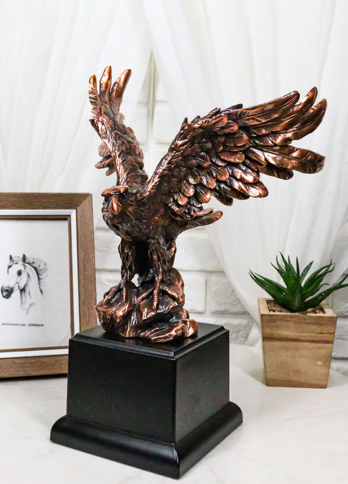 Electroplated Bronze Bald Eagle With Open Wings Landing On Rock Statue