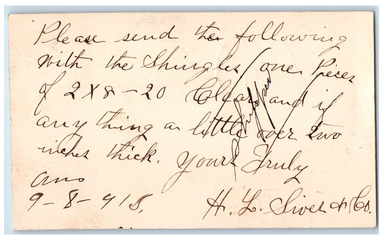 1891 Shingles Lumber H.L. Siver & Co. Dewitt Iowa IA Clinton IA Postcard