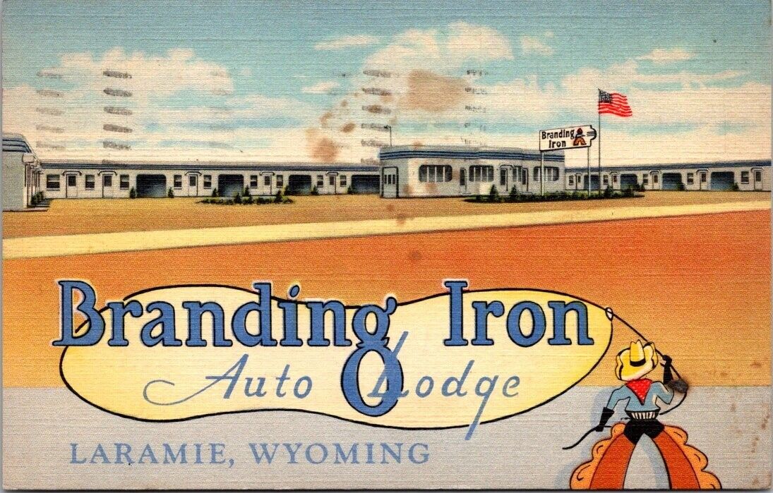 Postcard Branding Iron, Auto Lodge, Laramie, Wyoming WY