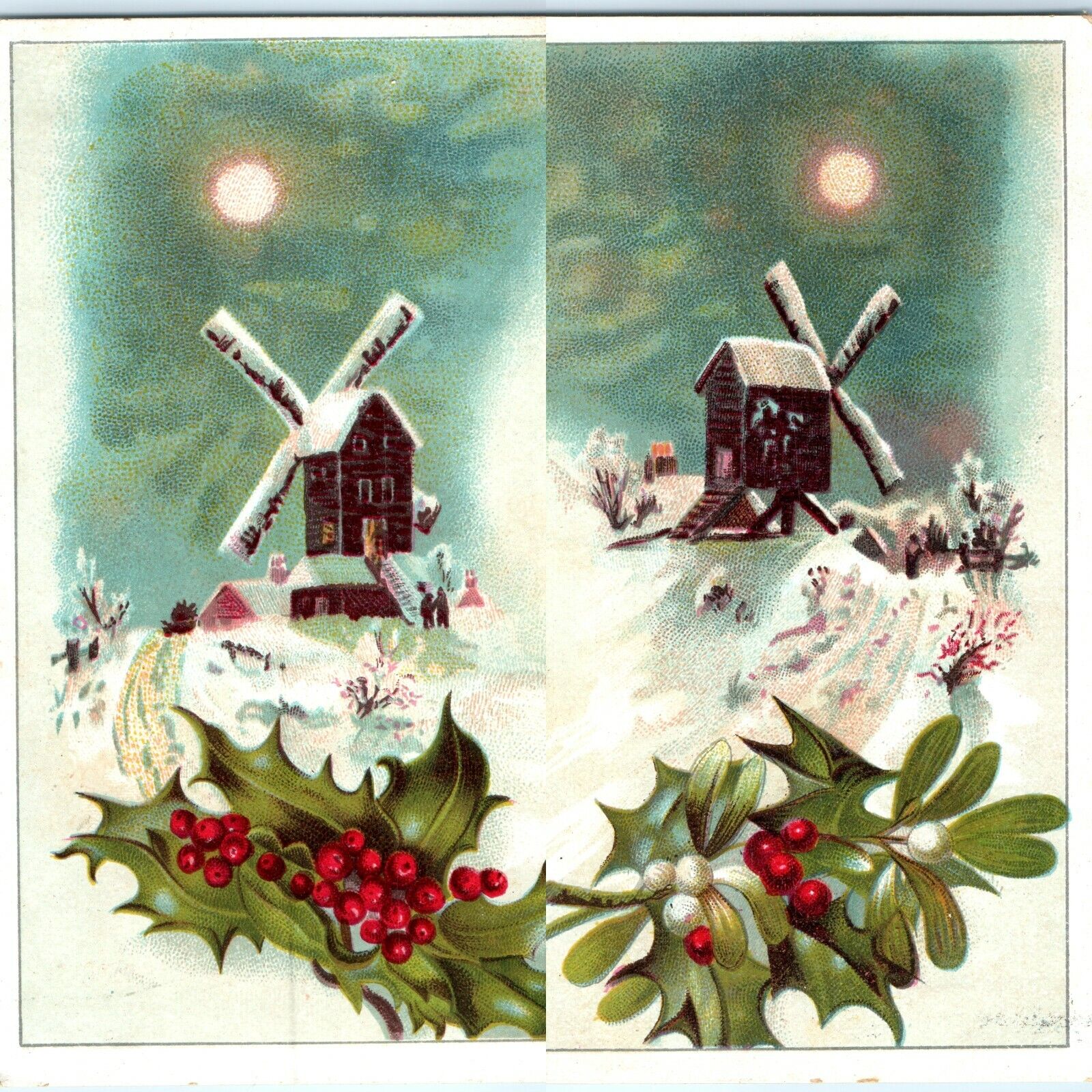 x2 SET c1890s Snowy Windmills Xmas Trade Cards Holly Berry Christmas Moon Vtg 2B