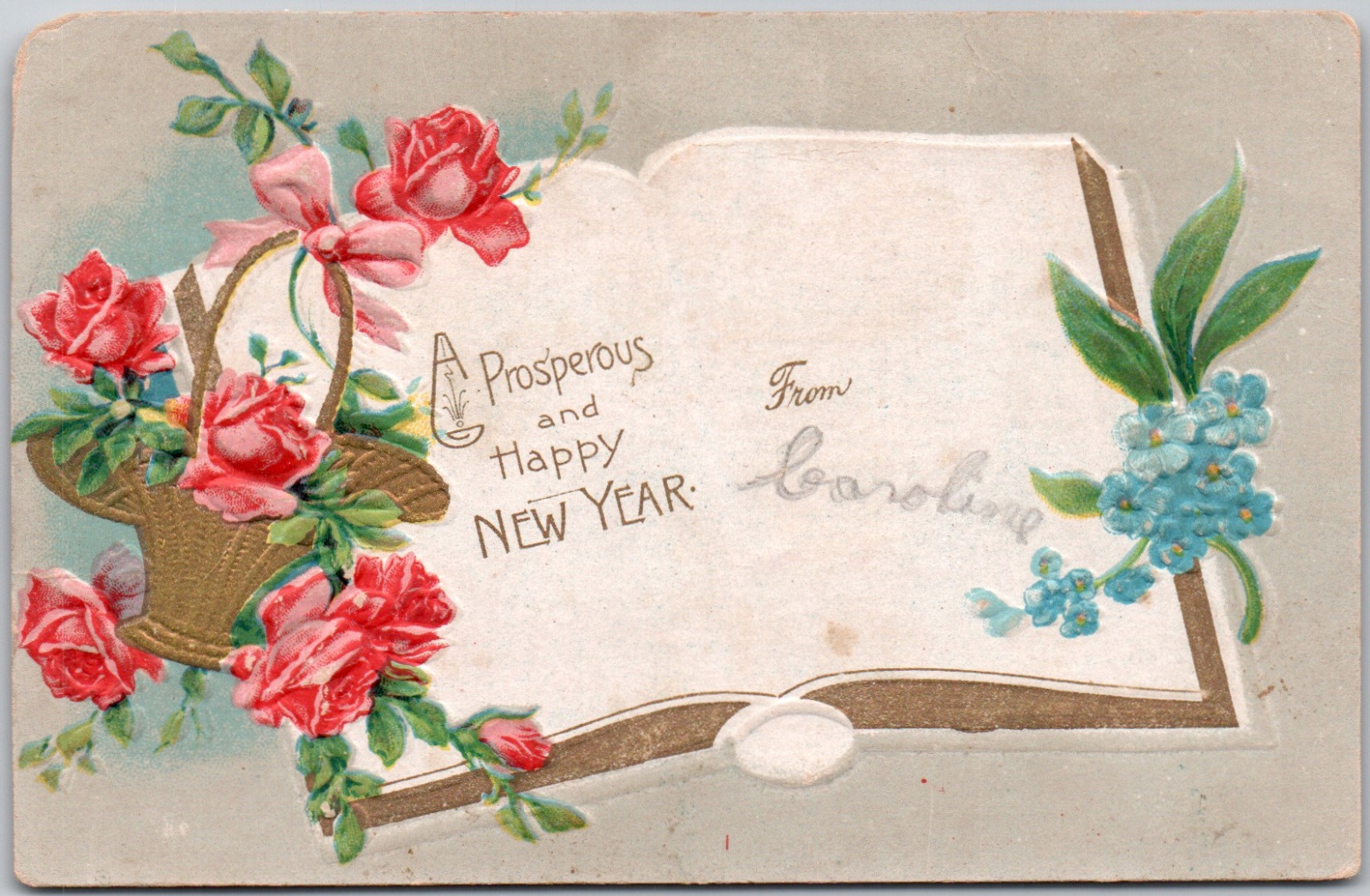Happy New Year Roses Book Prosperous Embossed Flowers Antique Vintage Postcard