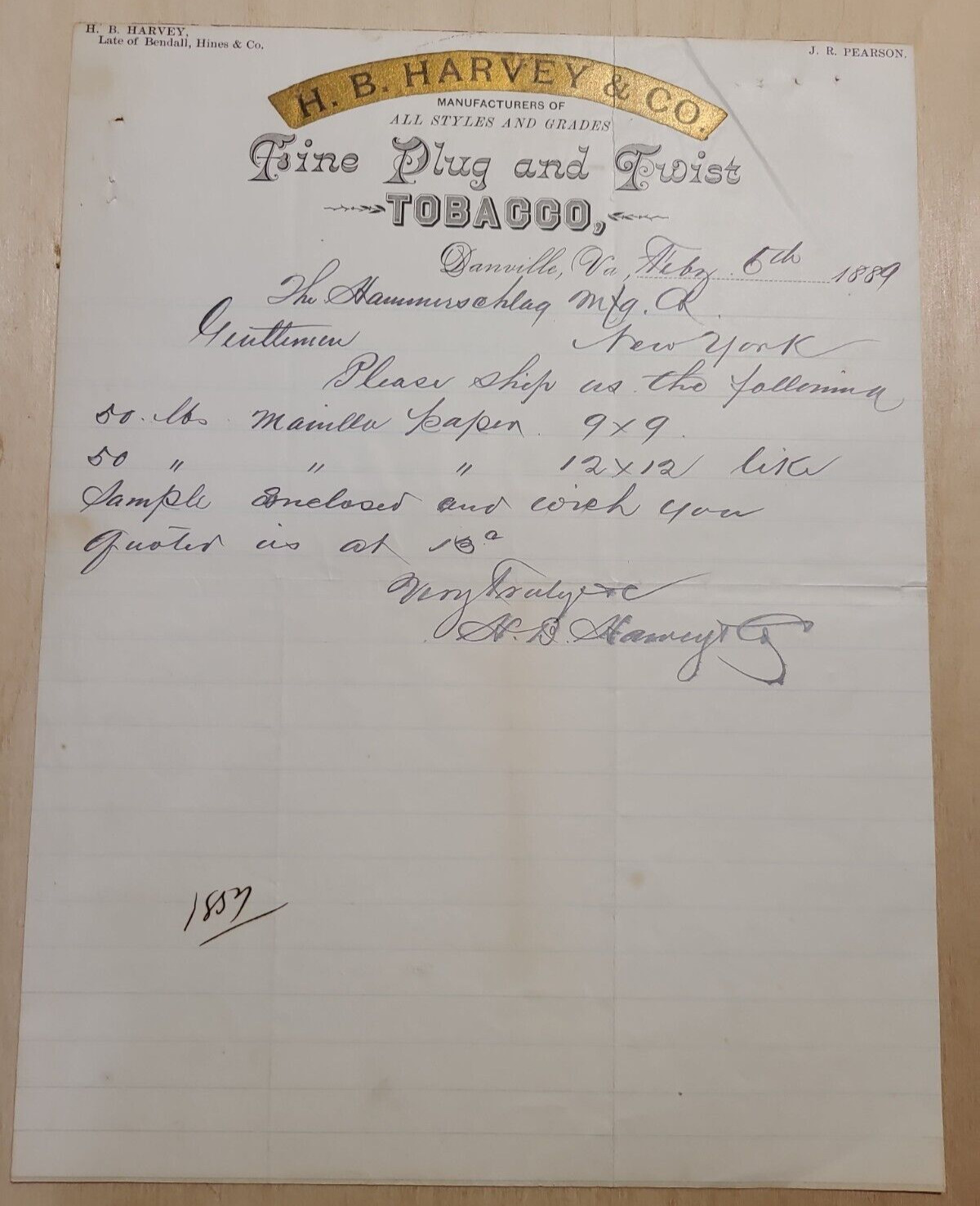1889 Antique Document, H.B. Harvey Tobacco Co. Danville VA, Signed    *7