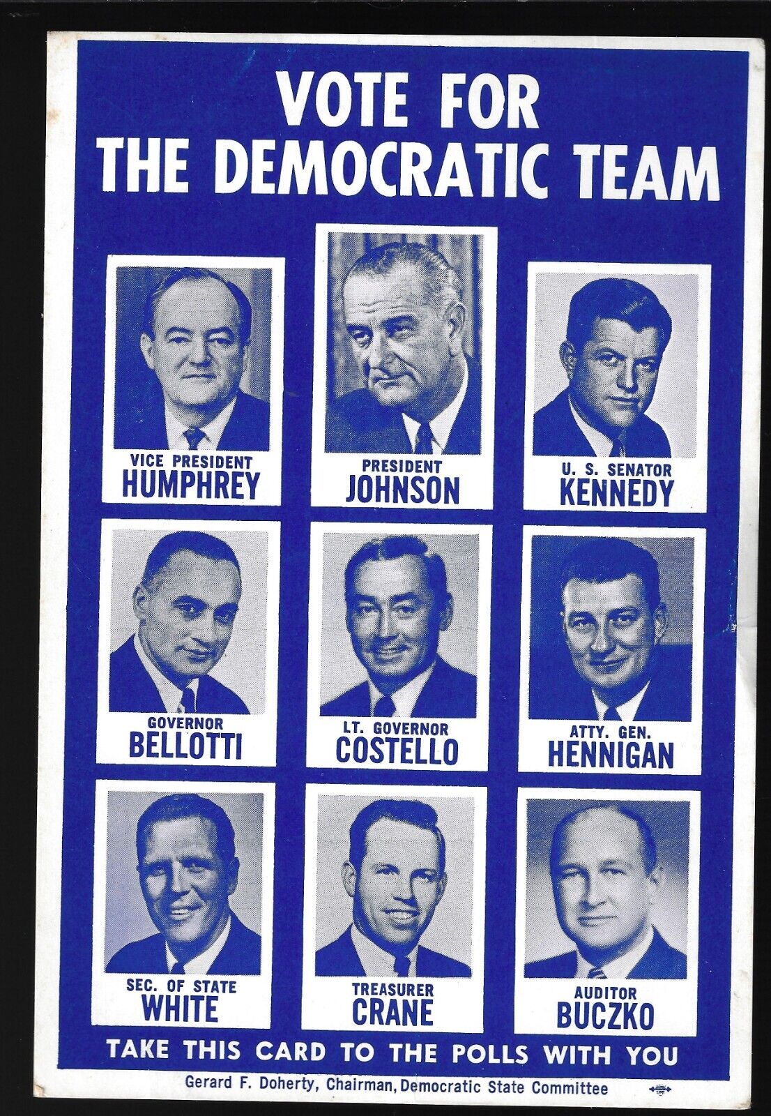 1964 Massachusetts Multi-Gate Poll Card Promoting Johnson Humphrey Ted Kennedy