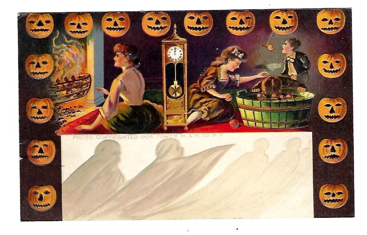 c1906 Tower M&N Halloween Postcard Ghosts, JOL, Lady By Fireplace