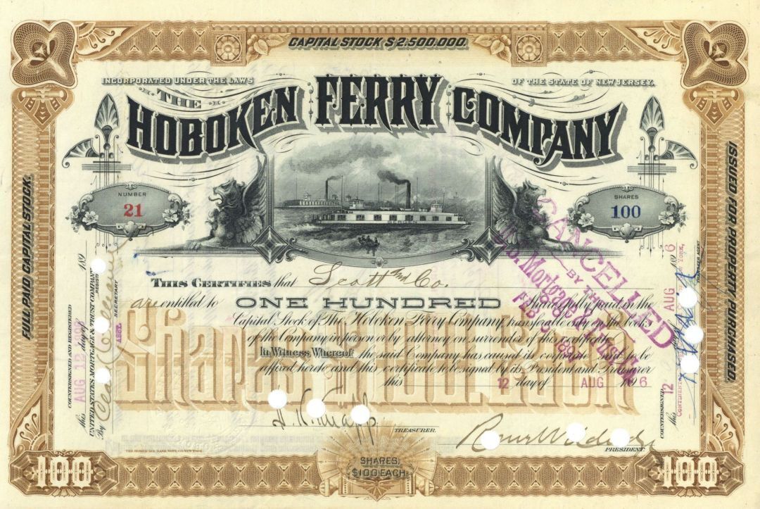 Hoboken Ferry Co. - 1890\'s-1910 dated Shipping Stock Certificate - Very Famous -