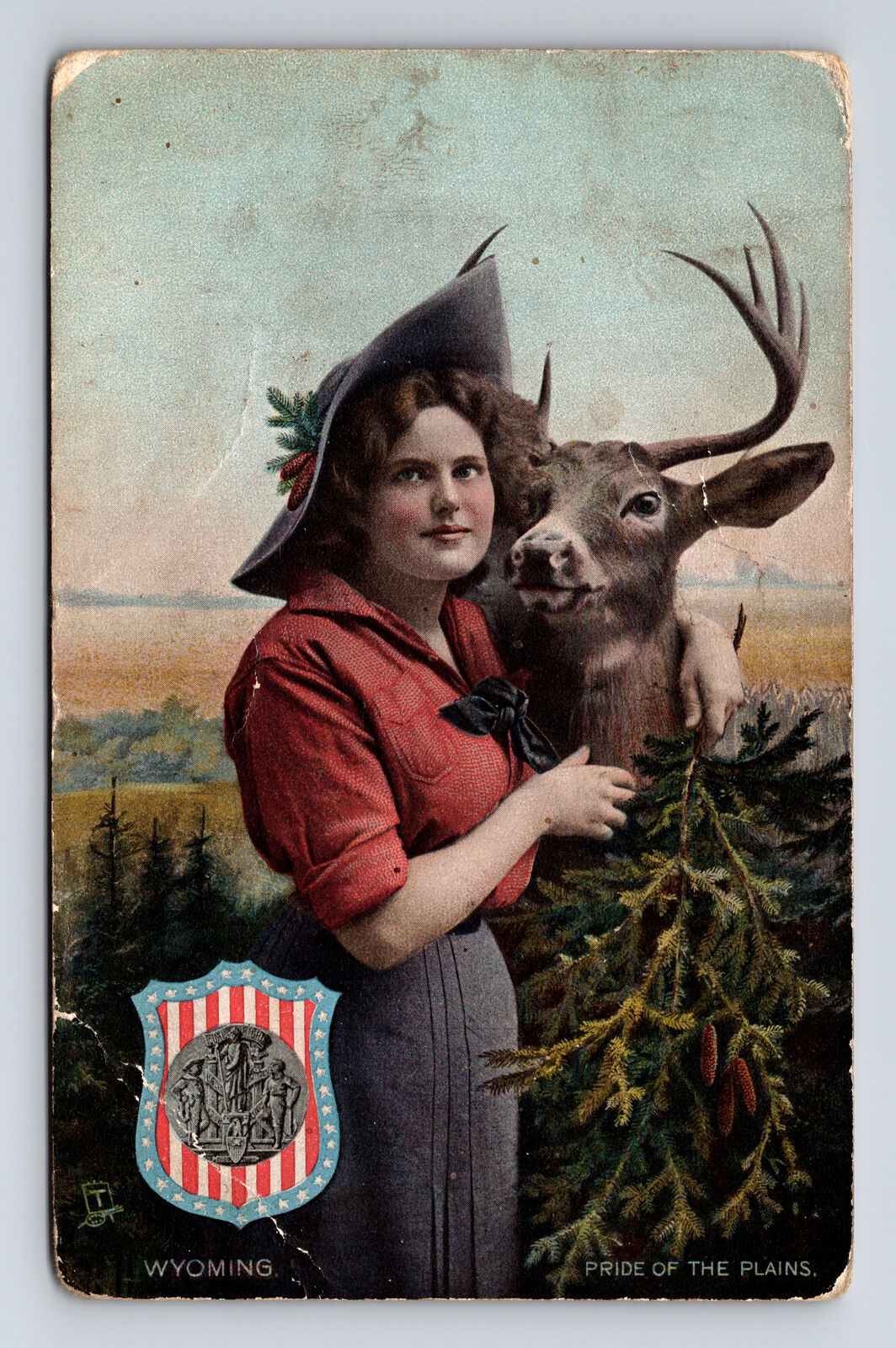 1908 TUCK's State Girl Pretty Lady Pride of the Plains Deer Buck WY Postcard