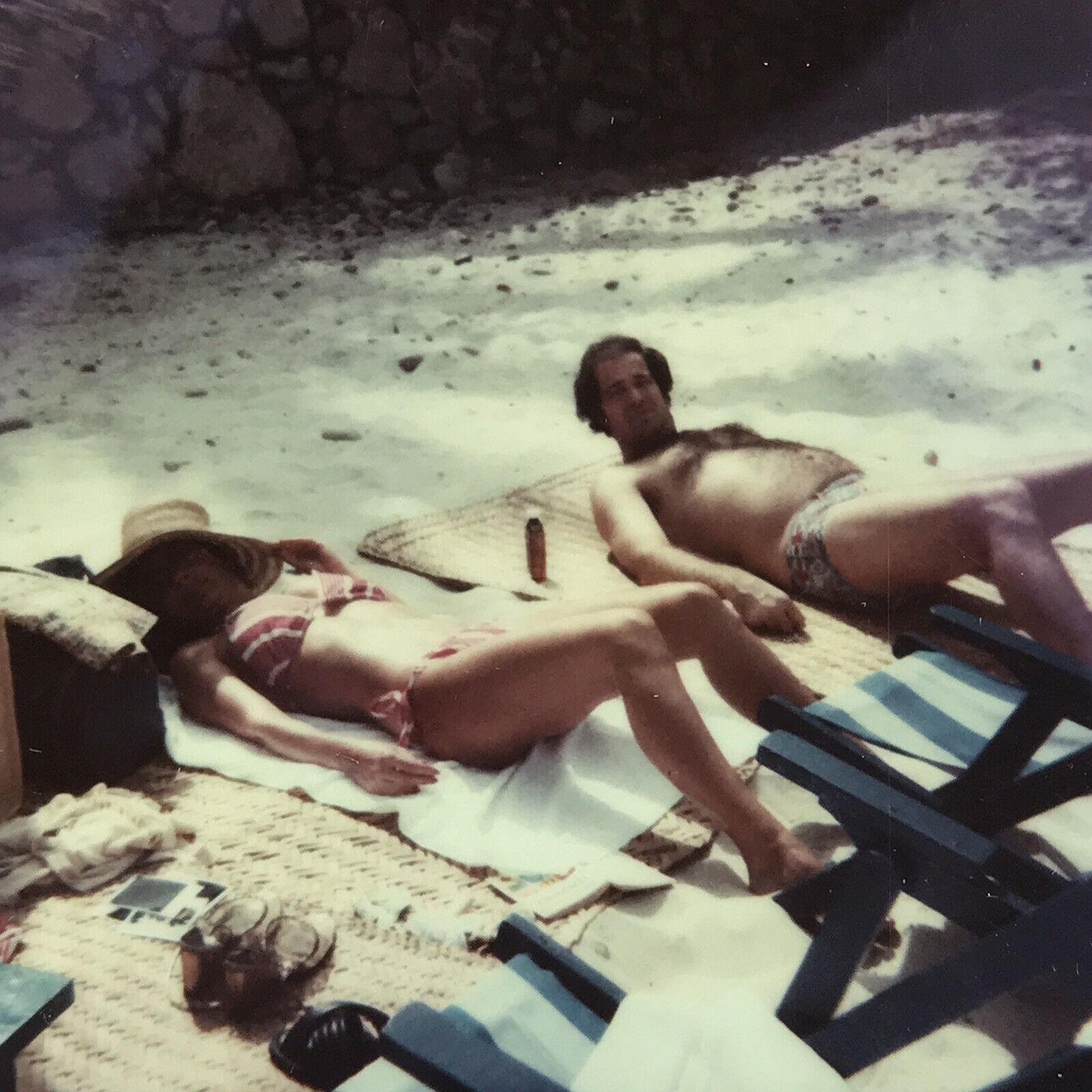 Vintage Color Polaroid Photo Woman Man Laying On Beach Sand Bikini Swim Briefs