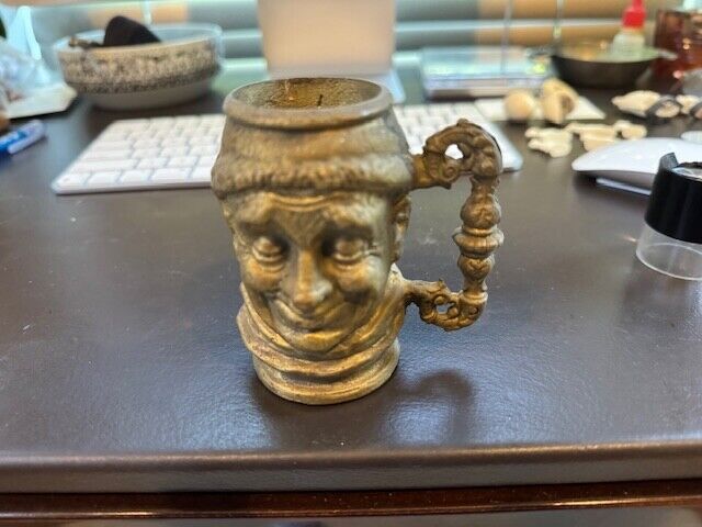 VINTAGE SOLID BRASS TOBEY MUG CUP STEIN HEAD FACE FISHERMAN W/SMILE 3.5\