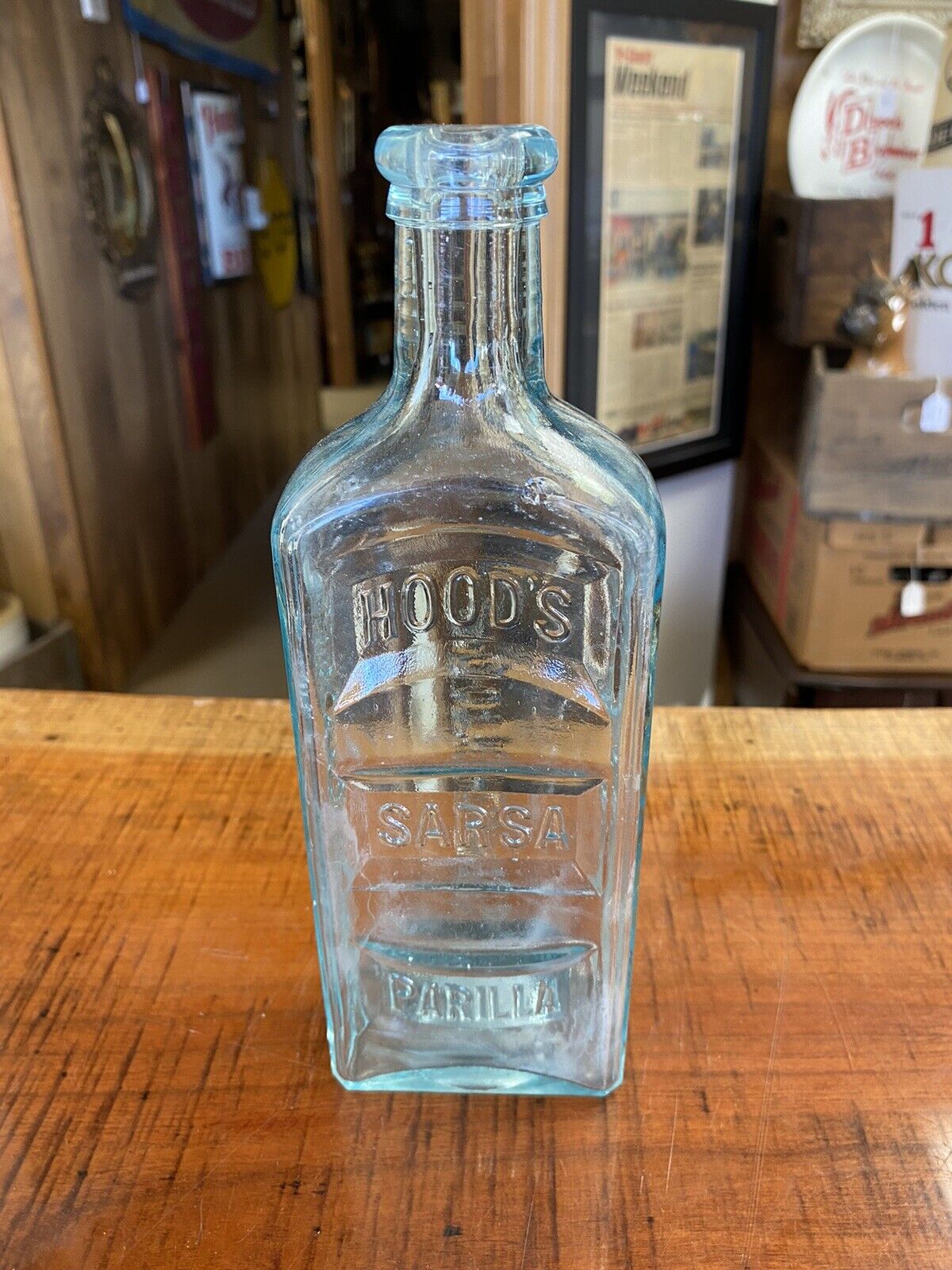 Vintage 1880’s Hood’s Apothecaries Sarsaparilla Lowell Mass. Aqua Glass Bottle