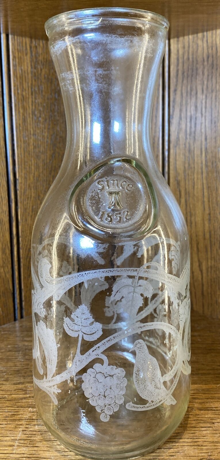 Vtg NORMAN KOSARIN Bird Etched Glass Wine Water Carafe Decanter Paul Masson 1988