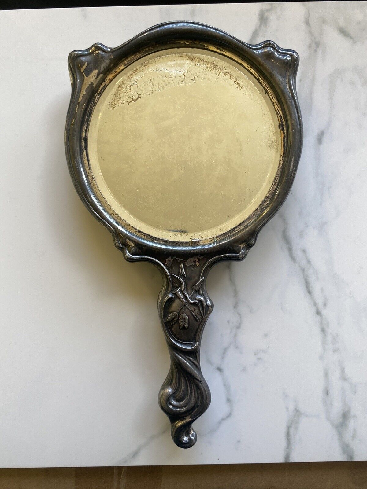 Antique Hand Mirror Victor Silver Cupid High Relief Bow Arrow Art Nouveau 1904