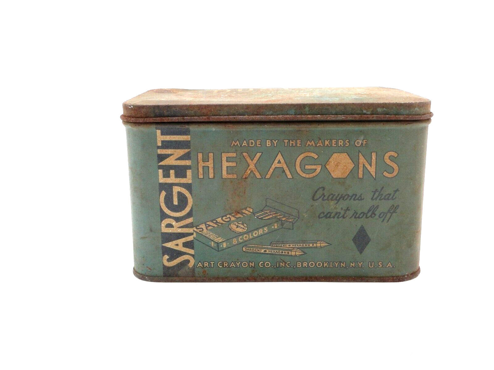 Vintage 1930\'S Sargent Dustless BlacKboard Crayon Tin Box BROOKLYN NY Hexagons