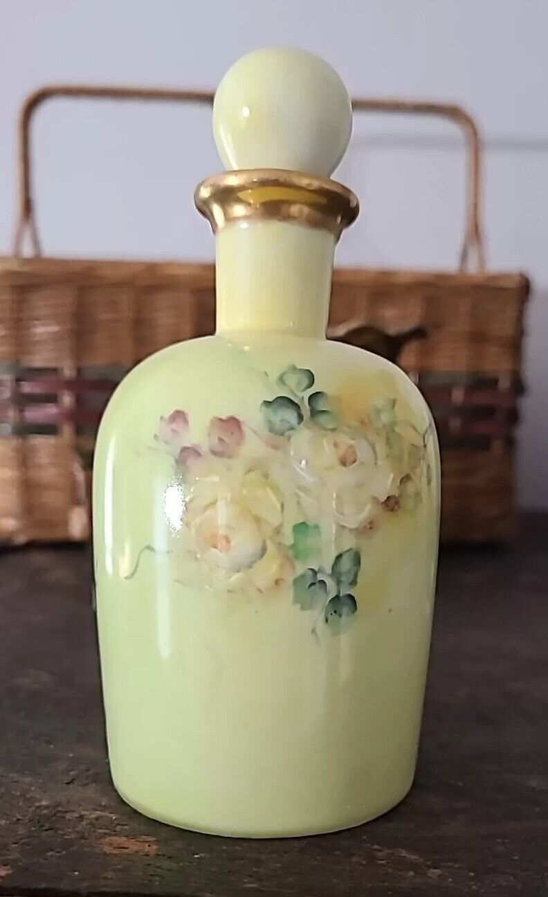 Antique French Porcelain Perfume Cologne Bottle Hand Painted Floral Gold Limoges