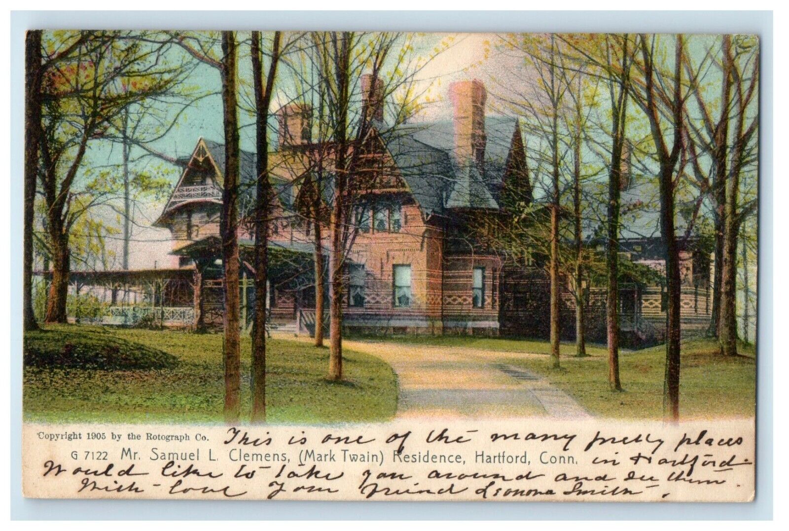 c1905 Mr. Samuel L. Clemens Mark Twain Residence Hartford CT Rotograph Postcard