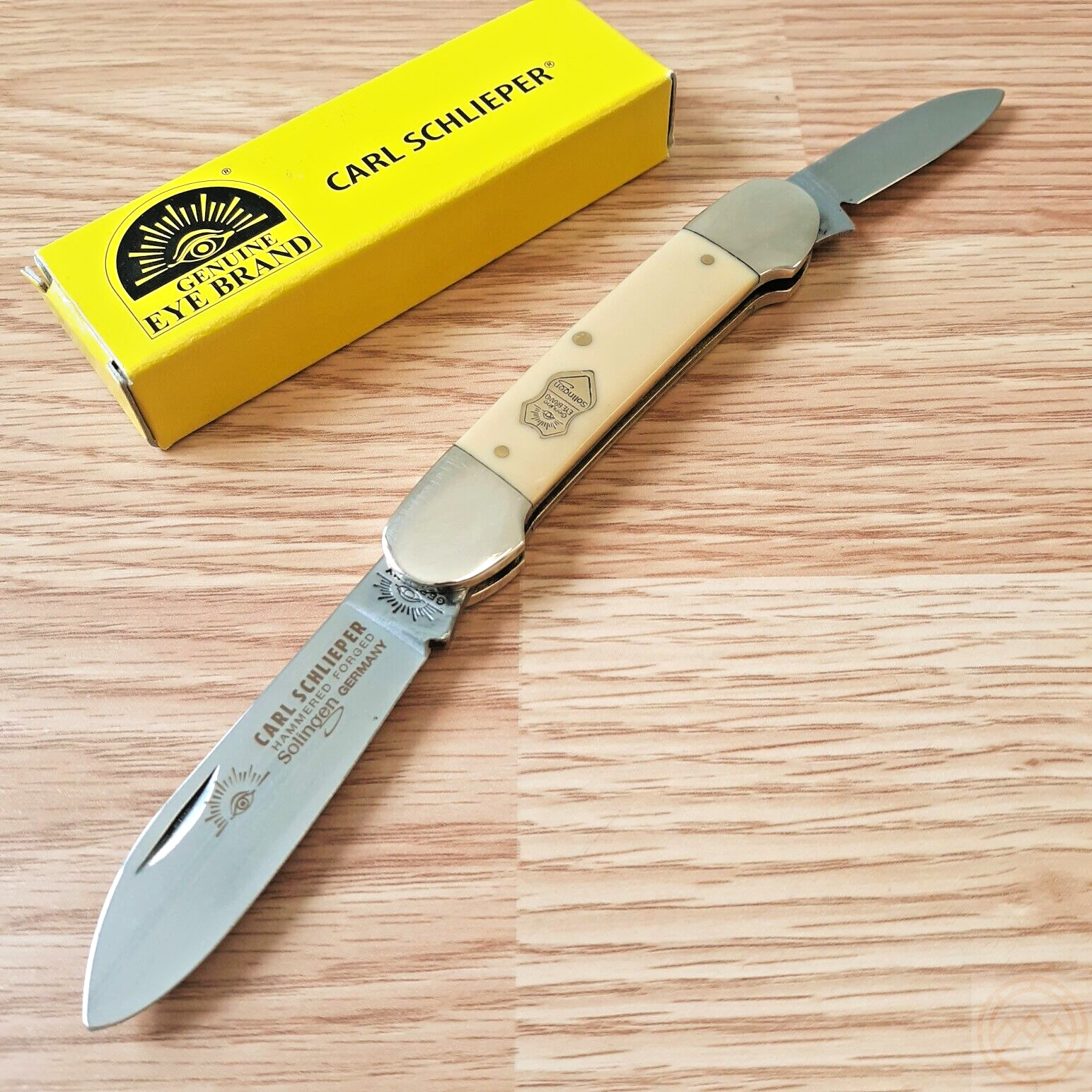 German Eye Carl Schlieper Pocket Knife Carbon Steel Blades Smooth Yellow Handle