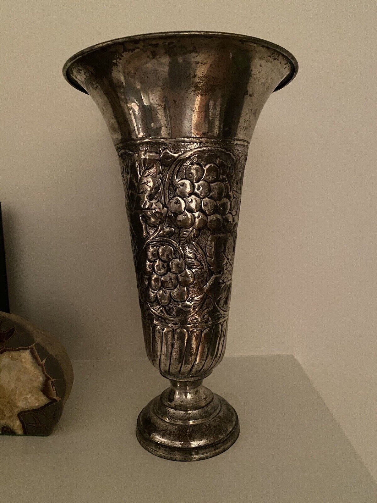 Vintage Metal Trumpet  Vase With Grape Motif