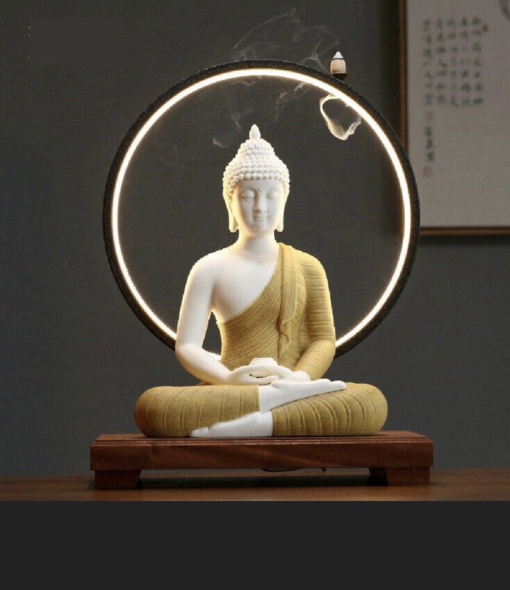 Set of Porcelain Gautama buddha statue Led light and wooden base,cones
