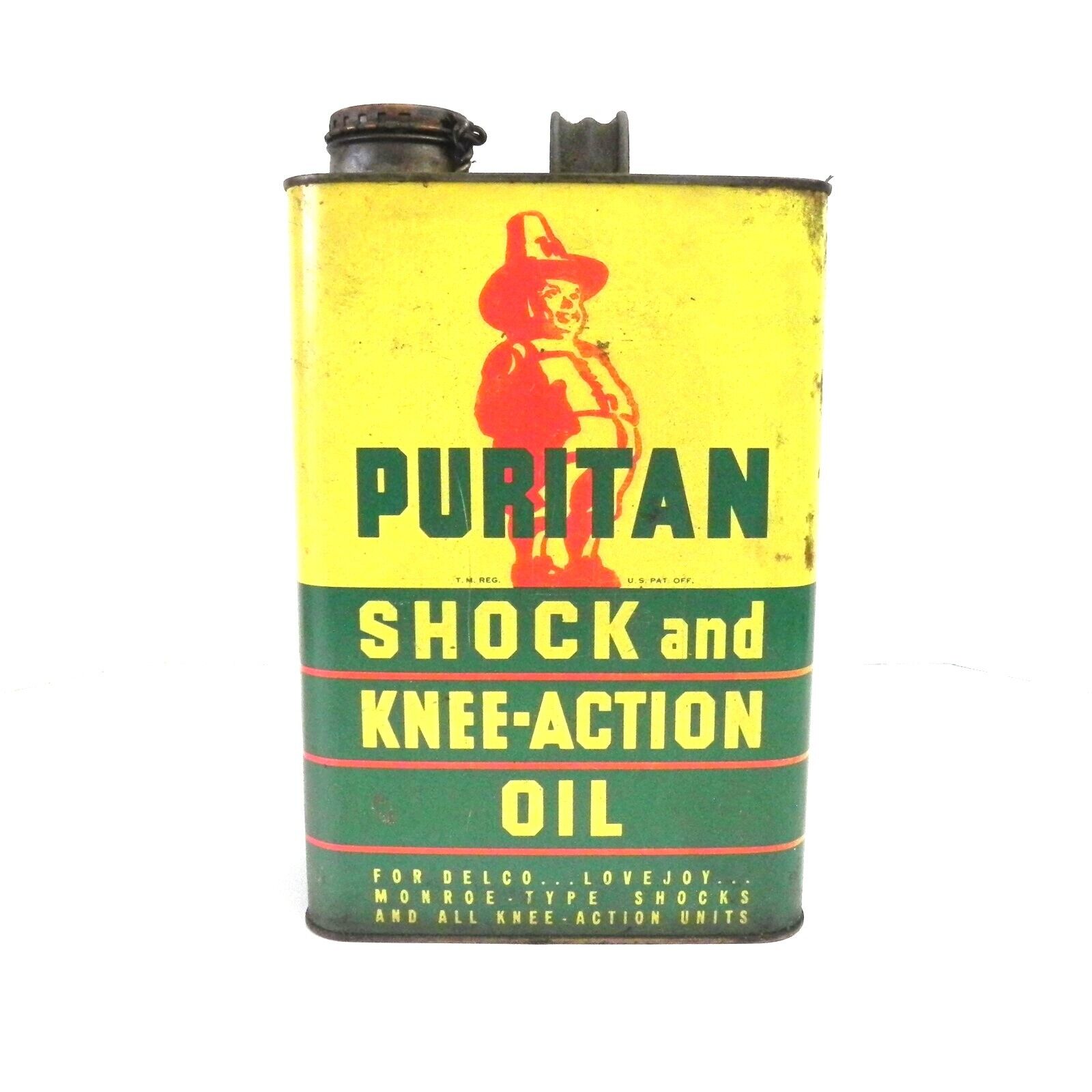 VINTAGE PURITAN SHOCK & KNEE-ACTION OIL 1 GALLON CAN EMPTY USED COLLECTABLE CAN
