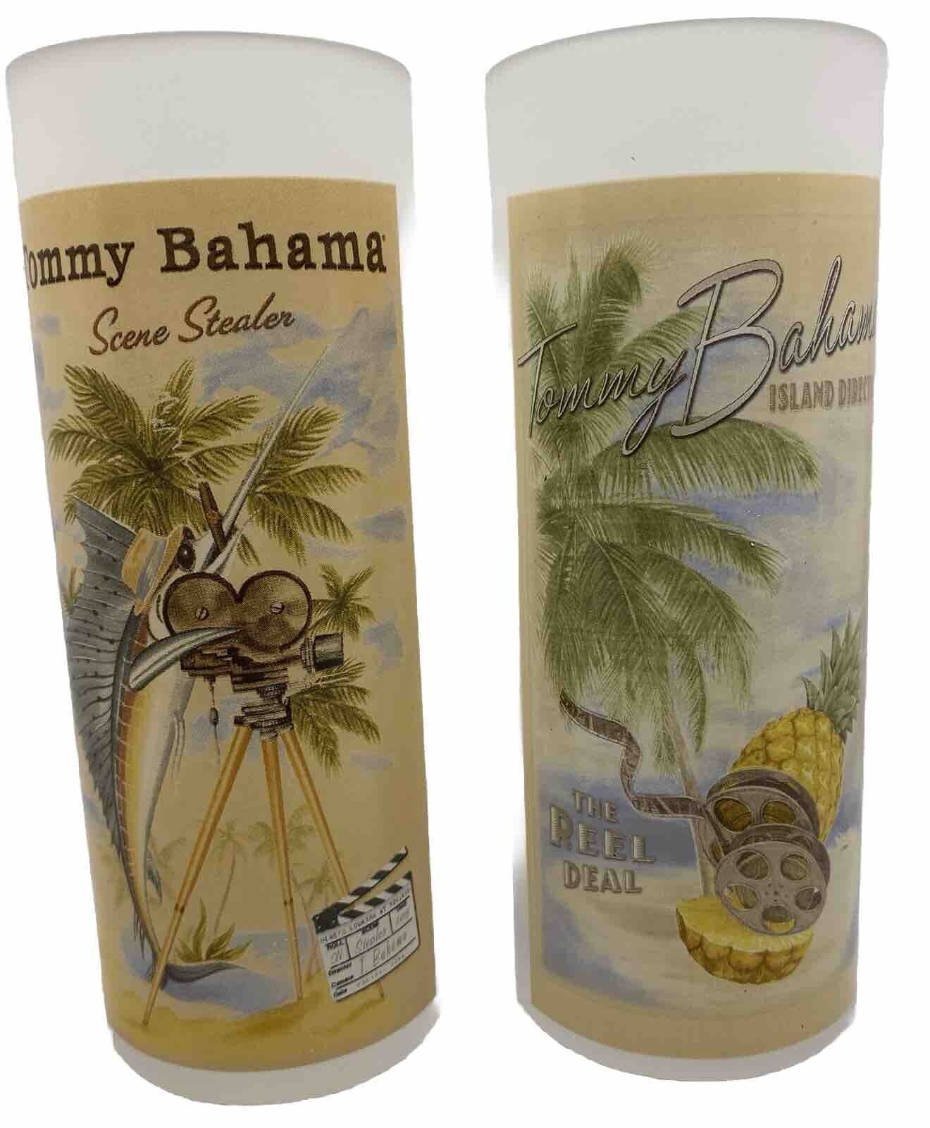 2 TOMMY BAHAMA Vtg Glasses Frosted Tropical Floral High Ball Tiki Bar Cocktail