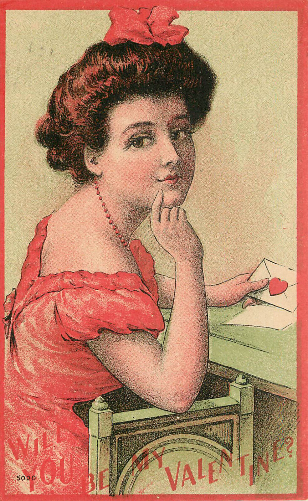 Valentine Postcard 5000. Thoughtful Girl with Envelope Will You Be My Valentine
