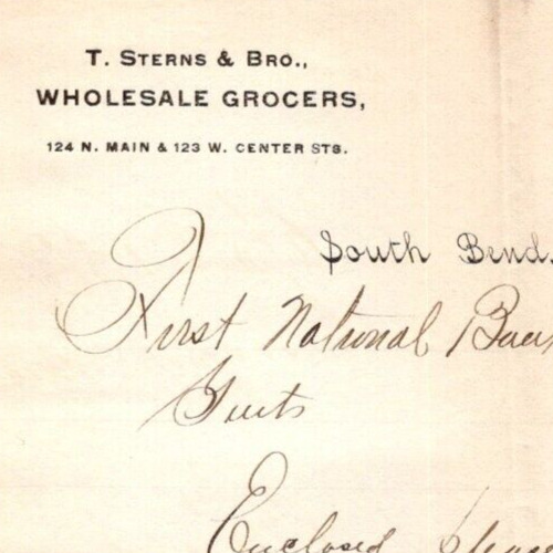 1882 T Sterns & Co South Bend IN Receipt Billhead Signed Wholesale Grocers
